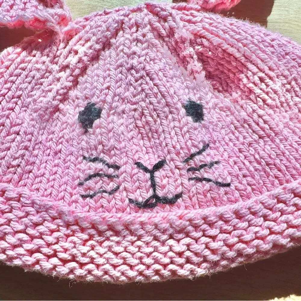 Handmade Pink Bunny Ear Baby Knit Hat | Easter Photo Prop